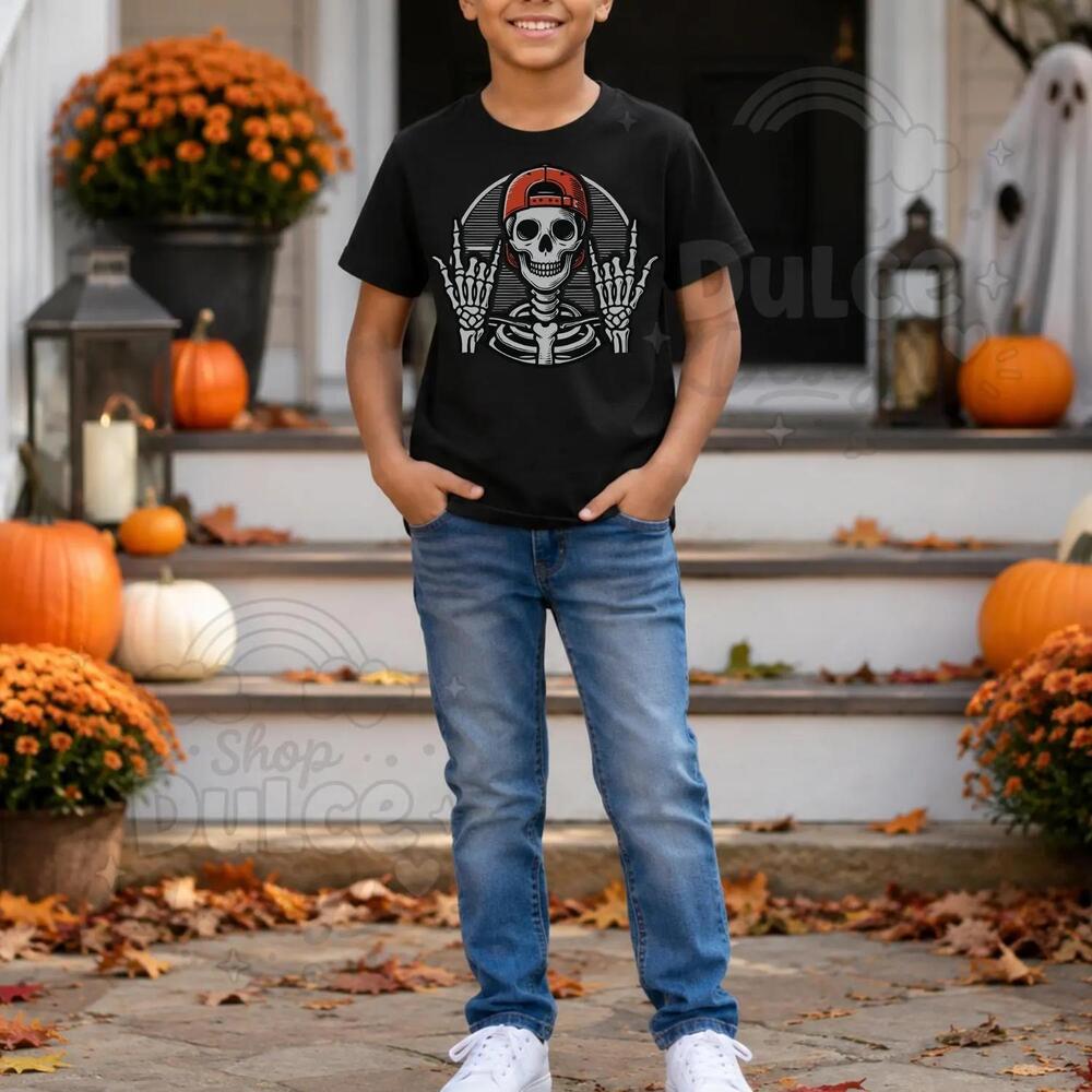Youth Skeleton Halloween Tee, Grinning Skull Graphic, Streetwear Style